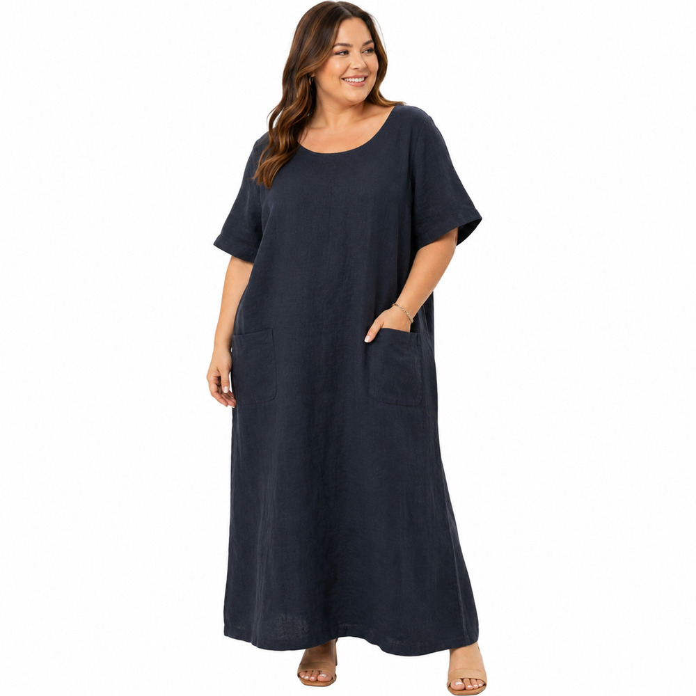 Studio Ease 100% Linen Black Short Sleeve Maxi Length USA Made Vintage Dress 22W